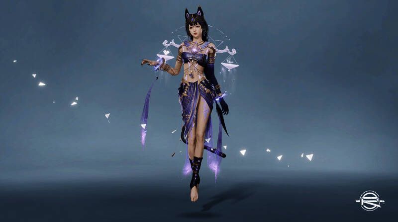 《星球：重启》安卡灵使男款时装展示，暗紫基调配以金色元素，充满未来科技感