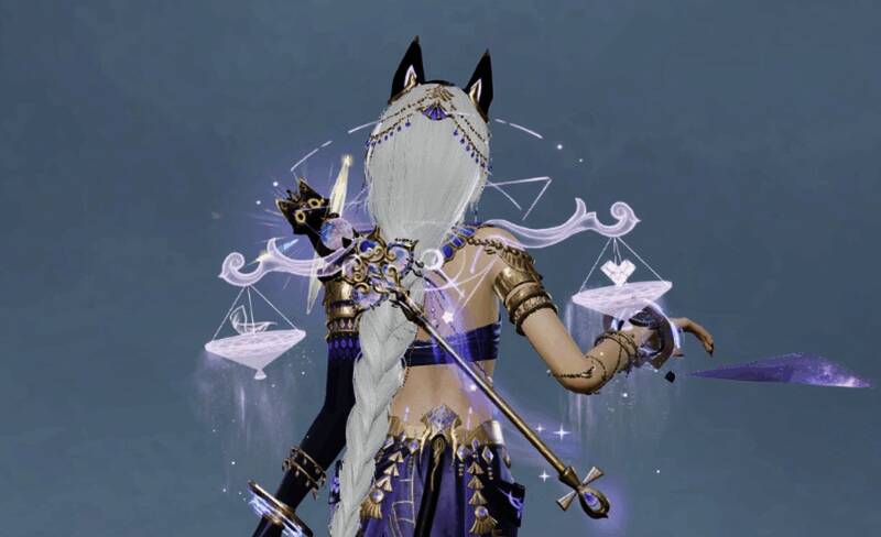 紫魅猫影背包展示图，黑猫怀抱宝石，法杖造型精致