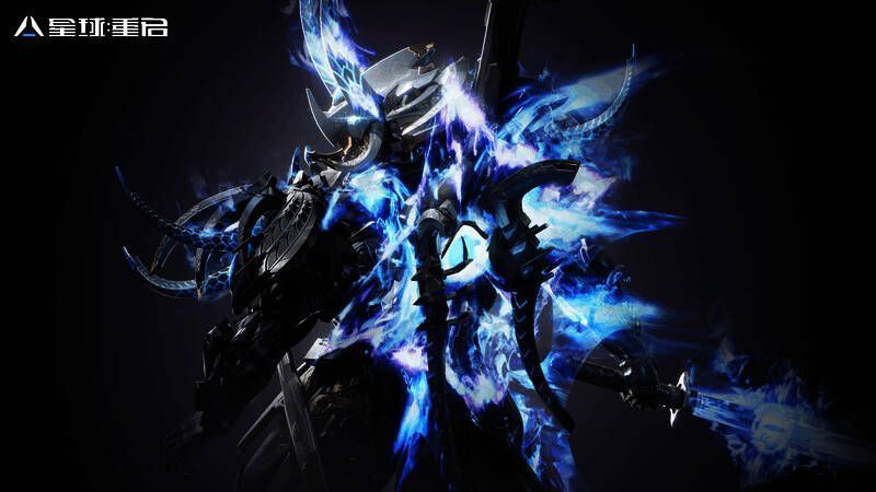 混沌之瞳战甲涂装正面视角，蓝色火焰眼眸极具压迫感