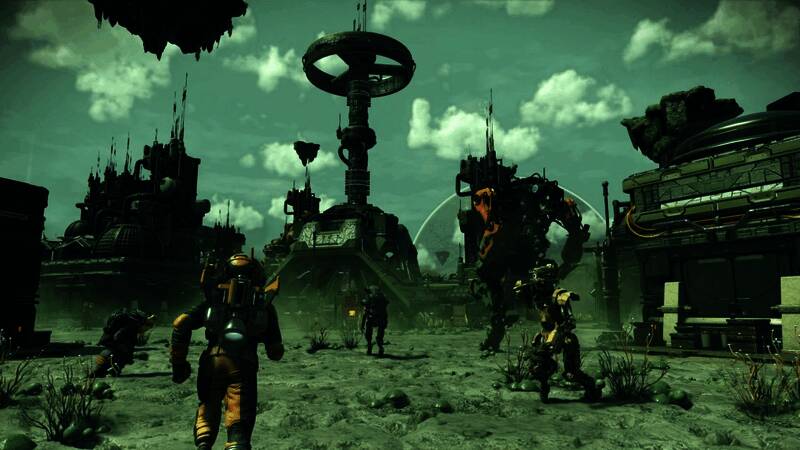 《无人深空》标志性星球探索场景，绚丽光影下的外星地貌与奇异植被交相辉映