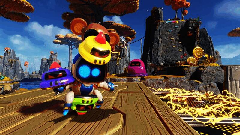 游戏角色在色彩斑斓的星球上奔跑跳跃，周围布满各种机关装置