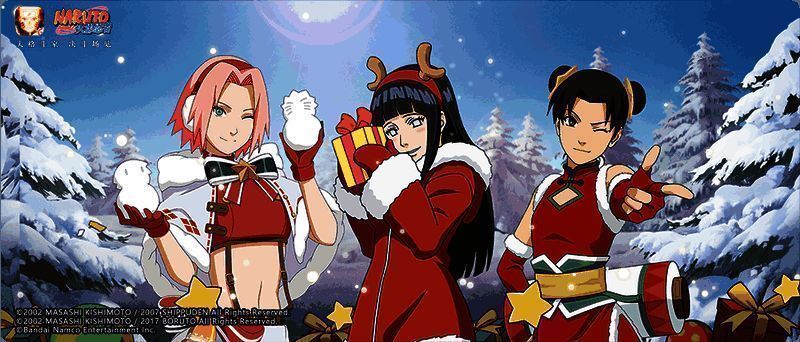 三名女忍者手持礼物盒，背景为温馨的冬日庭院场景