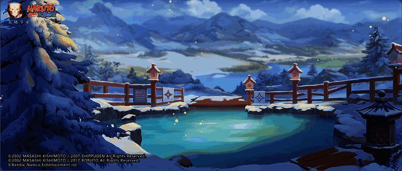 温泉池边几名忍者正在放松休息，周围环绕着温暖的蒸汽效果