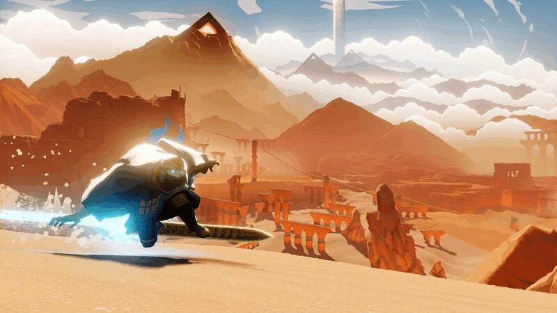 主角在金色沙丘上飞跃，身后是无尽延伸的沙漠景观