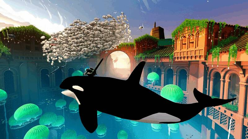 夜晚场景下，悬浮剑划出光影轨迹，穿越在静谧湖面之上