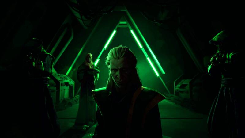 两位角色在水下遗迹中探索，周围环绕着发光的未知生物