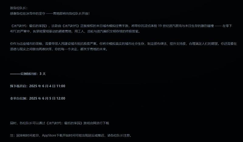 游戏宣传图展示被冰雪覆盖的城市全景，蒸汽机械风格建筑林立，天空中弥漫着寒雾