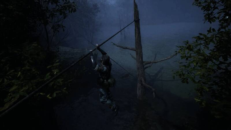 《合金装备3：重制版》游戏场景截图，主角Snake在丛林中隐蔽行动，周围植被渲染逼真