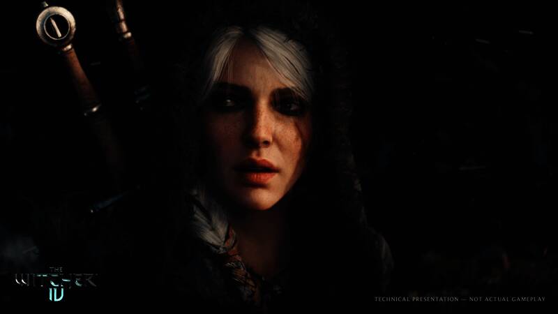 《巫师4》技术演示画面，展示了主角与环境高度互动的场景，光影效果逼真