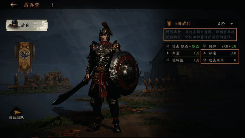 盾兵列阵抵御敌军冲锋，为后排弓兵提供掩护