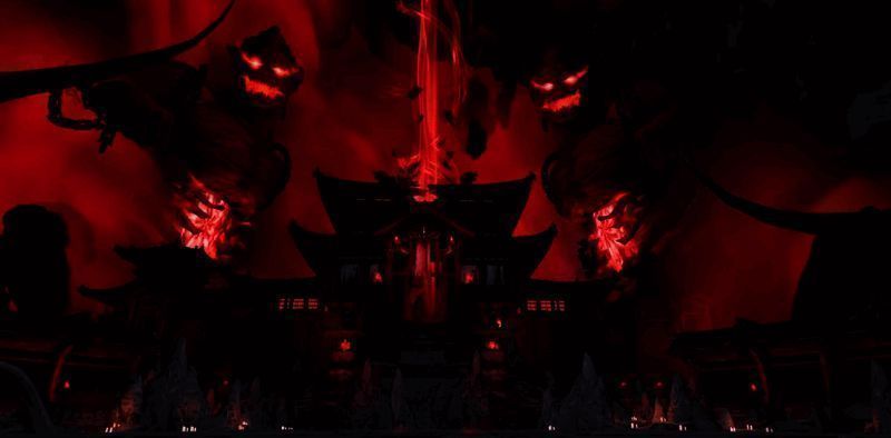 鬼王殿内部景象，阴森恐怖，四周布满怨气缭绕的雕像