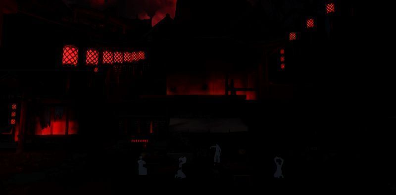 客栈内景，昏暗灯光下几位旅人围坐桌旁低声交谈