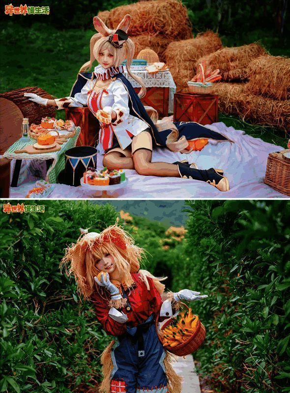 真人TVC剧照，展现角色在异世界中野餐、种植的温馨画面