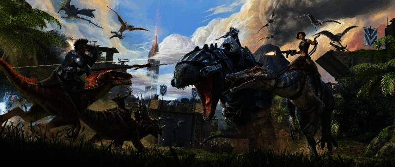 《方舟：生存进化》游戏界面展示，角色在丛林中与恐龙对峙