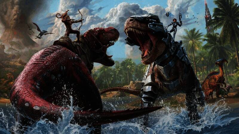 《方舟：生存飞升》战斗场景，虚幻引擎打造的高清环境与巨型生物激战