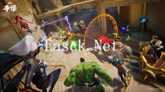 游戏宣传主视觉图，展示多个标志性漫威英雄并肩作战的场景