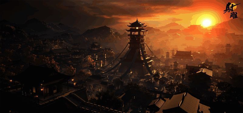 游戏主城全景图，建筑错落有致，人物熙攘往来，呈现出一派繁荣热闹的江湖景象