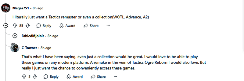 Reddit玩家关于《最终幻想战略版》重制的热烈讨论截图