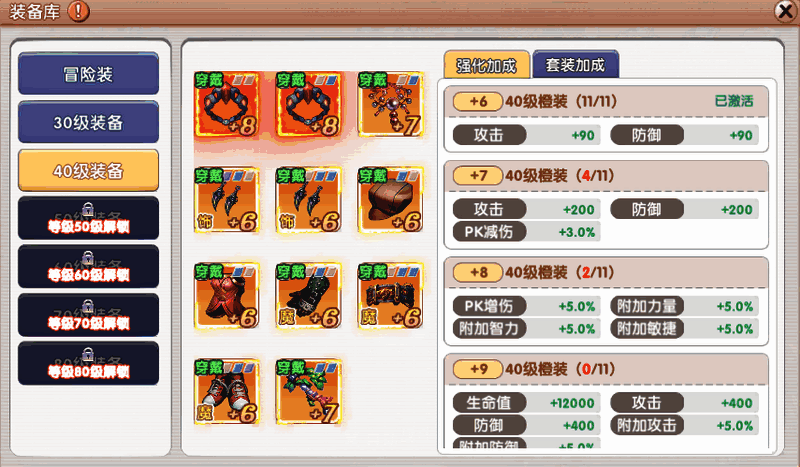 套装加成展示图，体现不同阶段套装激活后的属性变化