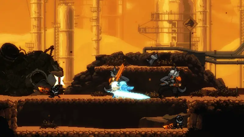 BOSS战画面，巨大机械狼张牙舞爪，小羊蓄力准备反击