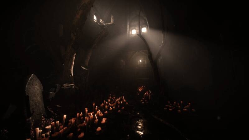 主角手持自制武器站在废墟之中，背景可见诡异的光影和模糊的怪物轮廓