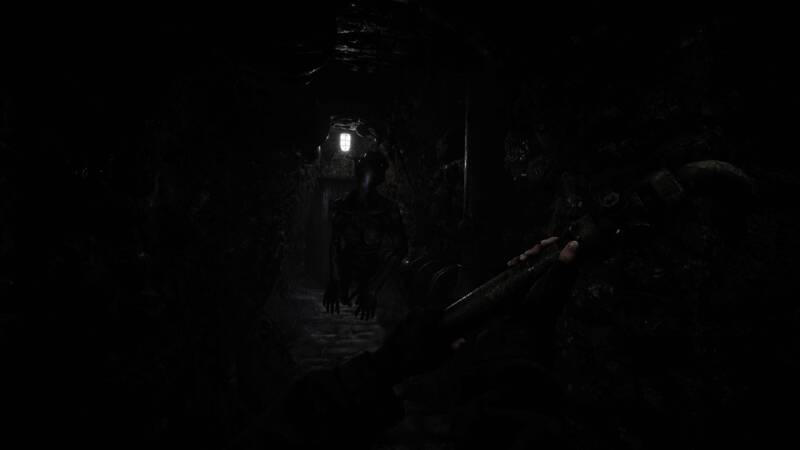 昏暗环境中角色手持火把照亮前方，远处有红色眼睛闪烁，营造出强烈的压迫感