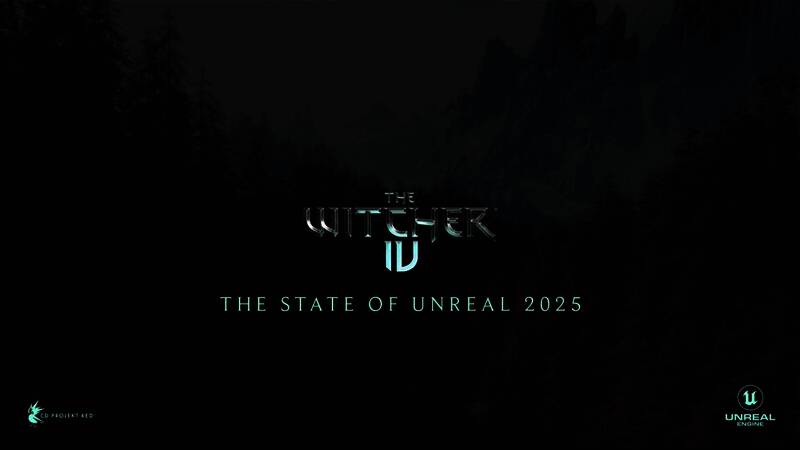 CDPR团队与Epic技术人员合影，背景为《巫师4》LOGO与虚幻引擎标志