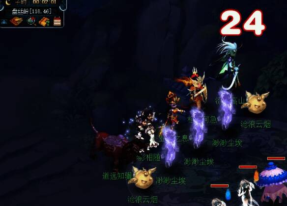 梦幻西游业焰熔金副本第四折画面，角色正在围攻后排敌人