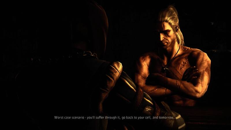 《巫师2》游戏中杰洛特的战斗场景，面部细节更为写实