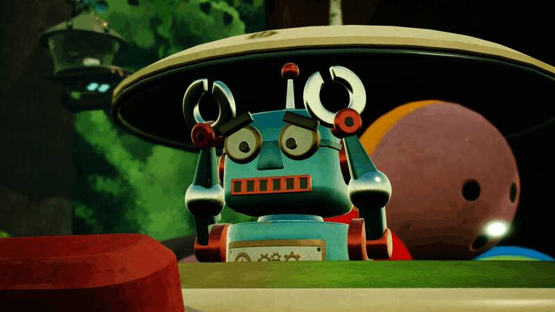 游戏中两位机器人主角在日常物品间跳跃探索的场景，色彩明亮，风格可爱