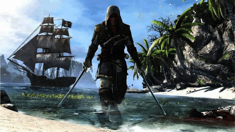 Jean Guesdon站在讲台前演讲，背景为《刺客信条》系列宣传画面