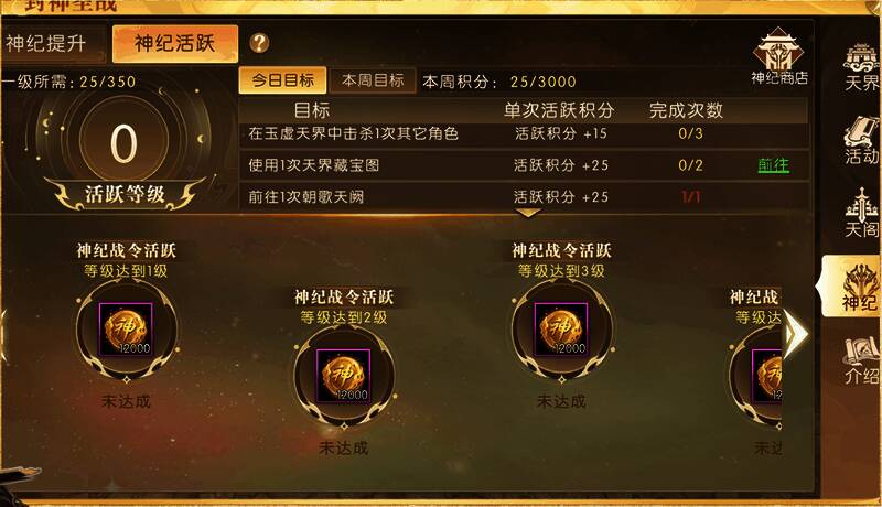 神纪系统活跃界面，任务列表清晰显示当前进度与待领取奖励