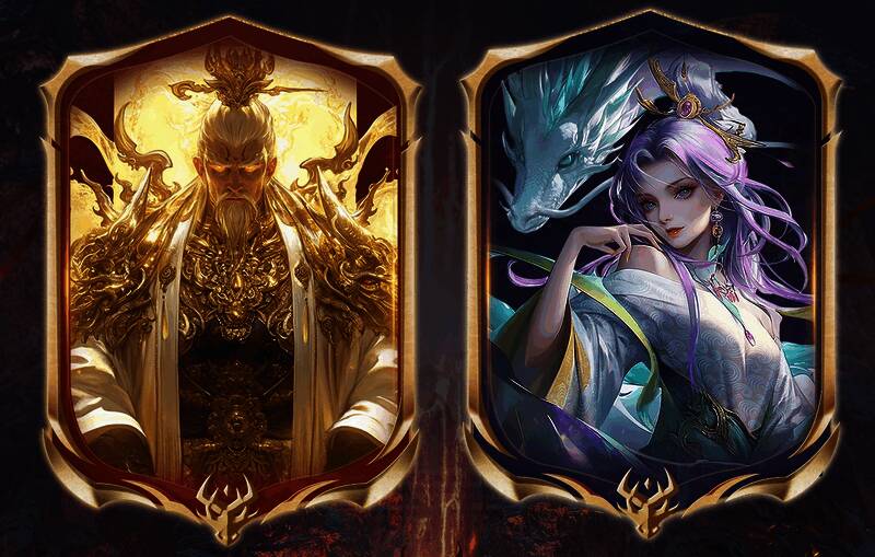 金色品质卡牌展示，仙品人物形象威武霸气，周身缠绕绚丽特效