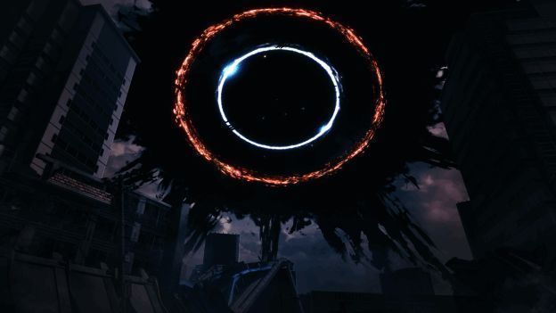 游戏中怪兽次元门开启场景，巨大光门中隐约可见怪兽身影