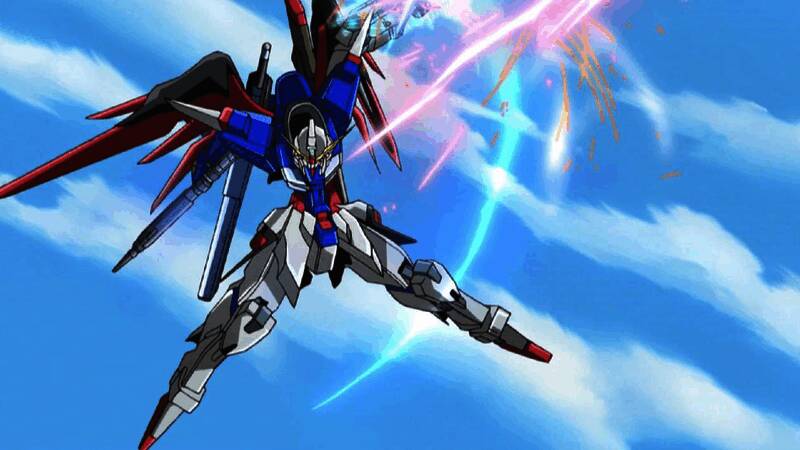 命运高达全身立绘，机体线条锋利，装备齐全