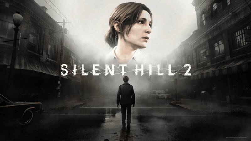 寂静岭2重制版游戏画面，昏暗环境中角色手持手电筒探索诡异街道