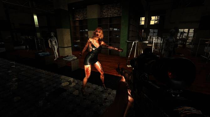 《七日杀》战斗画面，玩家与大量僵尸激烈交火