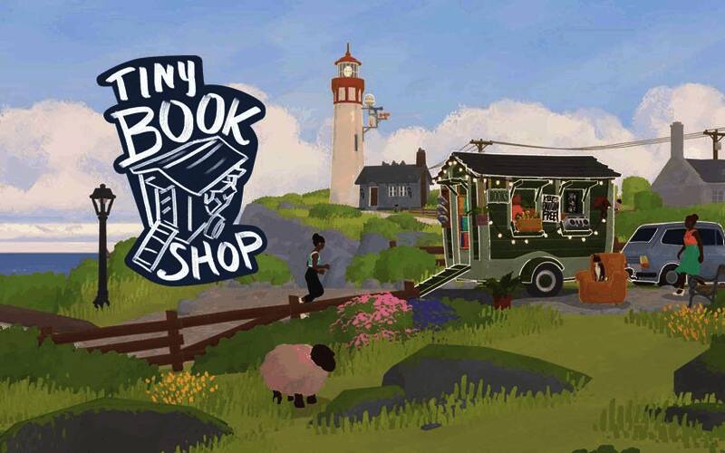 《小小书店》游戏封面风格清新，画面中是一家坐落于海边的小书店