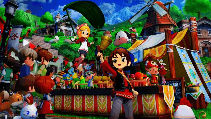 市集场景展示，玩家正在向顾客售卖农产品，背景为热闹的小镇集市氛围