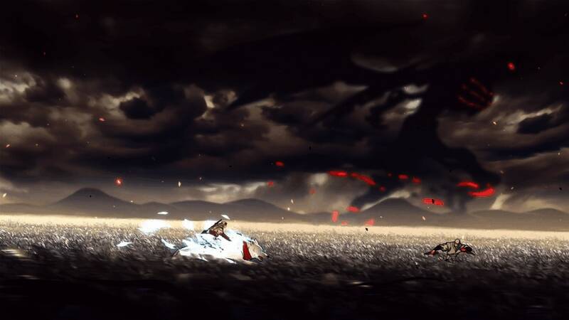 乔·武藏与鲁斯勋爵激烈对峙的战斗画面，背景火焰四起，氛围紧张