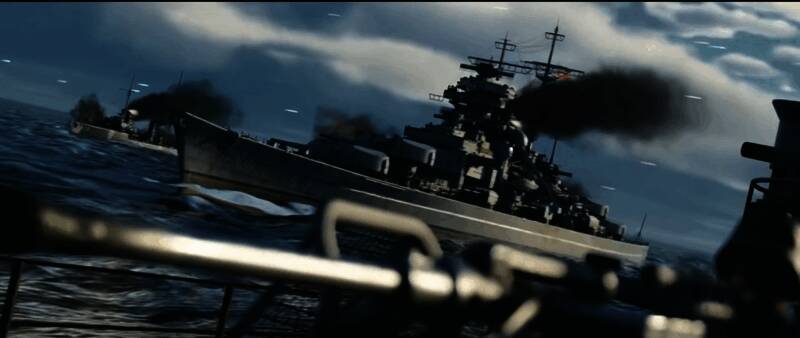 战列舰甲板细节特写，炮塔旋转准备开火