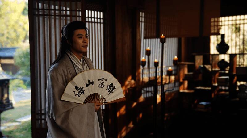 主角独自站在高墙之上，俯瞰整个城镇，眼神坚定而沉稳