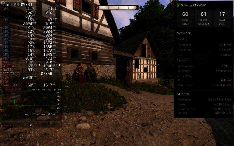 Steam Deck运行GeForce NOW的界面截图，显示高画质云游戏画面