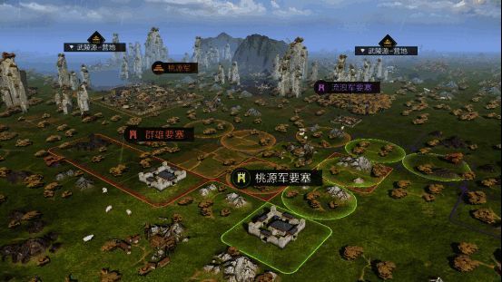 桃源军在资源土地上耕种的场景，周围是丰富的农田与资源点