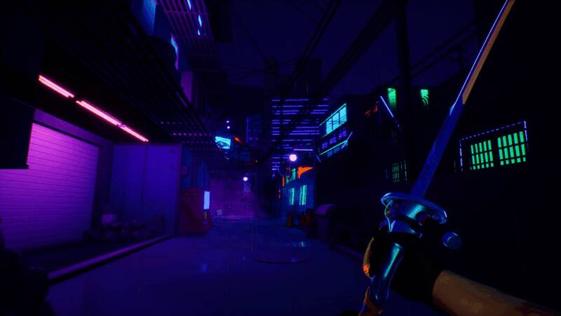 城市夜景下的潜行画面，角色穿梭于霓虹灯闪烁的街道中