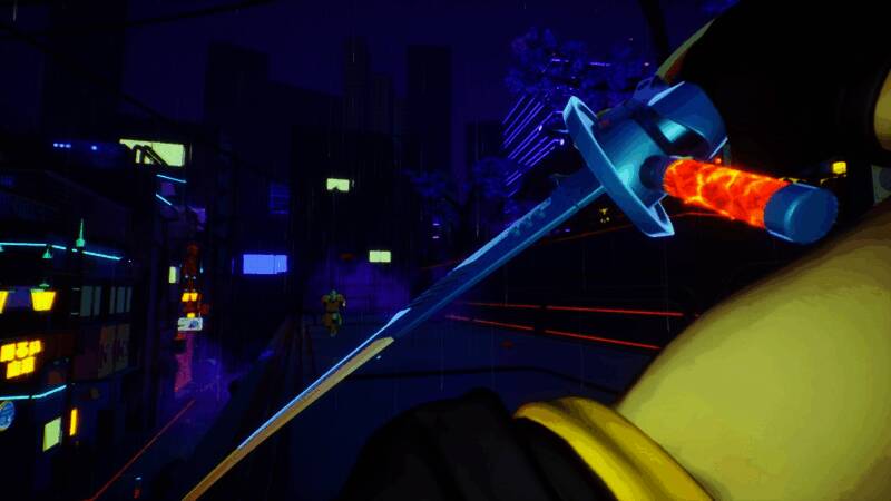 主角小林手持武士刀在街头与敌人激战，背景是闪烁的霓虹灯牌