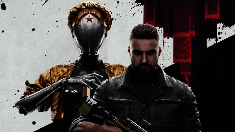 Mundfish公司总部外观，现代建筑风格，门前立有《原子之心》游戏角色雕塑