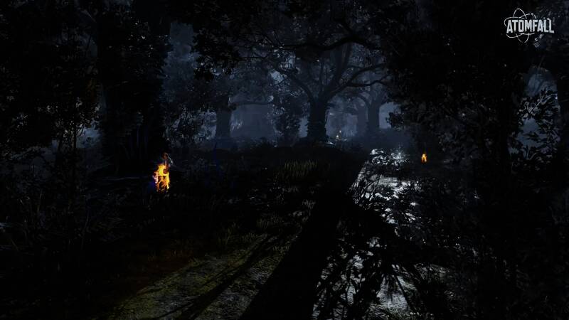 游戏中的废墟森林场景，光影交错营造出压抑氛围