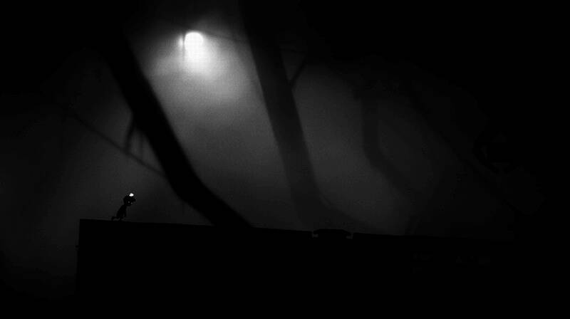 《地狱边境》游戏截图，黑白画风下的诡异冒险场景