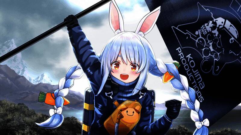 兔田佩克拉游戏角色立绘，身穿未来风格服饰，手持通讯设备